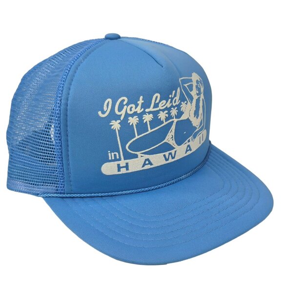 Vtg Puff Print I Got Lei’d In Hawaii Snapback Trucker Hat Blue White Bikini Girl - Picture 2 of 5